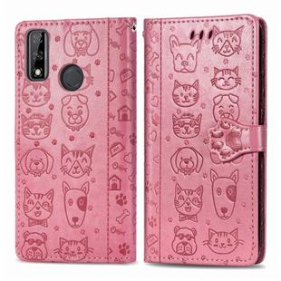 For Huawei Y8S Cute Cat and Dog Embossed Horizontal Flip Leather Case with Holder & Card Slots & Wallet & Cartoon Clasp & Lanyard(Pink)