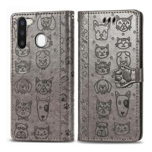 For Samsung Galaxy A21 Cute Cat and Dog Embossed Horizontal Flip Leather Case with Holder & Card Slots & Wallet & Cartoon Clasp & Lanyard(Gray)