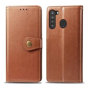 For Samsung Galaxy A21 U.S. Edition Retro Solid Color Leather Buckle Phone Case with Lanyard & Photo Frame & Card Slot & Wallet & Stand Function(Brown)