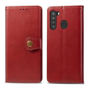 For Samsung Galaxy A21 U.S. Edition Retro Solid Color Leather Buckle Phone Case with Lanyard & Photo Frame & Card Slot & Wallet & Stand Function(Red)