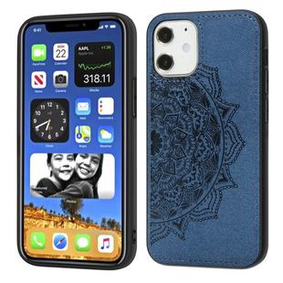 For iPhone 12 mini Mandala Embossed Cloth Cover PC + TPU Mobile Phone Case with Magnetic Function and Hand Strap(Blue)