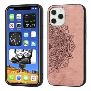 For iPhone 12 / 12 Pro Mandala Embossed Cloth Cover PC + TPU Mobile Phone Case with Magnetic Function and Hand Strap(Rose Gold)