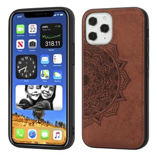 For iPhone 12 / 12 Pro Mandala Embossed Cloth Cover PC + TPU Mobile Phone Case with Magnetic Function and Hand Strap(Brown)