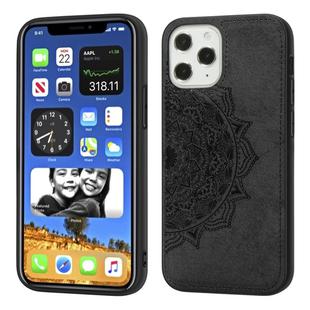 For iPhone 12 Pro Max Mandala Embossed Cloth Cover PC + TPU Mobile Phone Case with Magnetic Function and Hand Strap(Black)