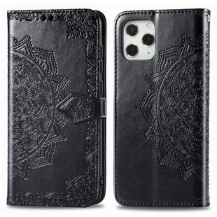 For iPhone 12 / 12 Pro Halfway Mandala Embossing Pattern Horizontal Flip Leather Case with Holder & Card Slots & Wallet & Lanyard(Black)