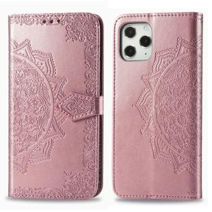 For iPhone 12 / 12 Pro Halfway Mandala Embossing Pattern Horizontal Flip Leather Case with Holder & Card Slots & Wallet & Lanyard(Rose Gold)