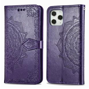 For iPhone 12 / 12 Pro Halfway Mandala Embossing Pattern Horizontal Flip Leather Case with Holder & Card Slots & Wallet & Lanyard(Purple)