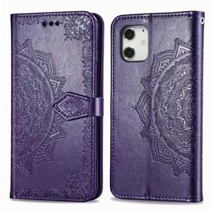 For iPhone 12 mini Halfway Mandala Embossing Pattern Horizontal Flip Leather Case with Holder & Card Slots & Wallet & Lanyard(Purple)