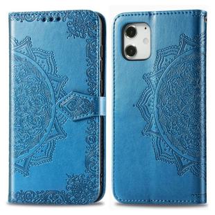 For iPhone 12 mini Halfway Mandala Embossing Pattern Horizontal Flip Leather Case with Holder & Card Slots & Wallet & Lanyard(Blue)
