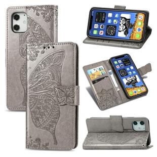 For iPhone 12 / 12 Pro Butterfly Love Flower Embossed Horizontal Flip Leather Case with Bracket / Card Slot / Wallet / Lanyard(Gray)