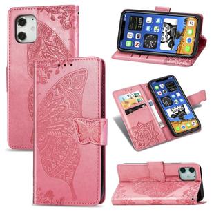 For iPhone 12 / 12 Pro Butterfly Love Flower Embossed Horizontal Flip Leather Case with Bracket / Card Slot / Wallet / Lanyard(Pink)
