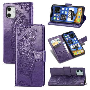 For iPhone 12 / 12 Pro Butterfly Love Flower Embossed Horizontal Flip Leather Case with Bracket / Card Slot / Wallet / Lanyard(Dark Purple)