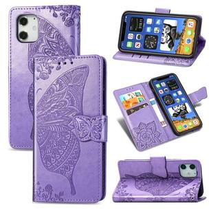 For iPhone 12 mini Butterfly Love Flower Embossed Horizontal Flip Leather Case with Bracket / Card Slot / Wallet / Lanyard(Light Purple)