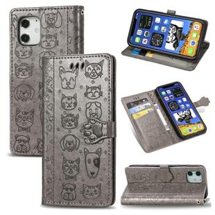 For iPhone 12 Pro Max Cute Cat and Dog Embossed Horizontal Flip Leather Case with Holder & Card Slots & Wallet & Lanyard(Grey)