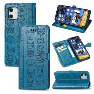 For iPhone 12 Pro Max Cute Cat and Dog Embossed Horizontal Flip Leather Case with Holder & Card Slots & Wallet & Lanyard(Blue)