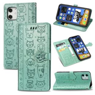 For iPhone 12 Pro Max Cute Cat and Dog Embossed Horizontal Flip Leather Case with Holder & Card Slots & Wallet & Lanyard(Green)