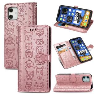 For iPhone 12 Pro Max Cute Cat and Dog Embossed Horizontal Flip Leather Case with Holder & Card Slots & Wallet & Lanyard(Rose Gold)