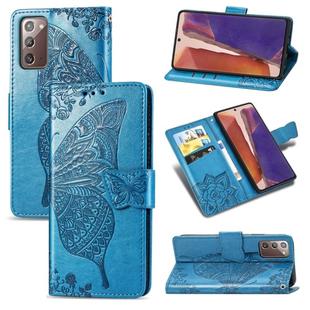 For Samsung Galaxy Note 20 Butterfly Love Flower Embossed Horizontal Flip Leather Case with Bracket / Card Slot / Wallet / Lanyard(Blue)