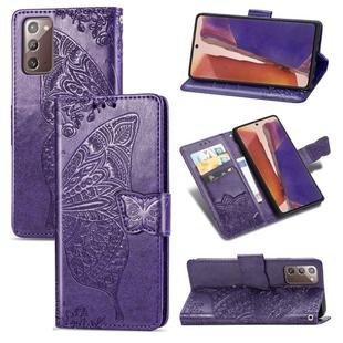 For Samsung Galaxy Note 20 Butterfly Love Flower Embossed Horizontal Flip Leather Case with Bracket / Card Slot / Wallet / Lanyard(Dark Purple)