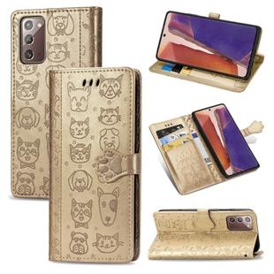 For Samsung Galaxy Note20 Cute Cat and Dog Embossed Horizontal Flip Leather Case with Bracket / Card Slot / Wallet / Lanyard(Gold)