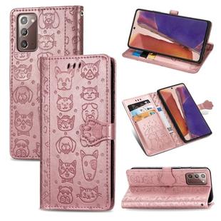 For Samsung Galaxy Note20 Cute Cat and Dog Embossed Horizontal Flip Leather Case with Bracket / Card Slot / Wallet / Lanyard(Rose Gold)