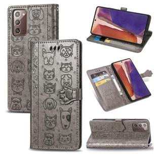 For Samsung Galaxy Note20 Ultra Cute Cat and Dog Embossed Horizontal Flip Leather Case with Bracket / Card Slot / Wallet / Lanyard(Grey)
