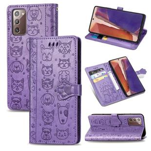 For Samsung Galaxy Note20 Ultra Cute Cat and Dog Embossed Horizontal Flip Leather Case with Bracket / Card Slot / Wallet / Lanyard(Purple)