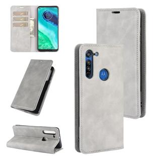 For Motorola Moto G8 Retro-skin Business Magnetic Suction Leather Case with Holder & Card Slots & Wallet(Grey)