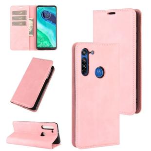 For Motorola Moto G8 Retro-skin Business Magnetic Suction Leather Case with Holder & Card Slots & Wallet(Pink)