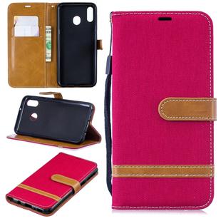 Color Matching Denim Texture Leather Case for Galaxy  M20, with Holder & Card Slots & Wallet & Lanyard(Red)