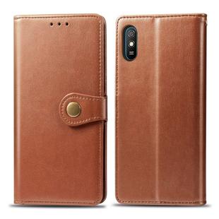 For Xiaomi Redmi 9A Retro Solid Color Leather Buckle Phone Case with Lanyard & Photo Frame & Card Slot & Wallet & Stand Function(Brown)