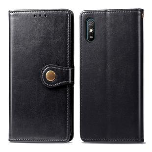 For Xiaomi Redmi 9A Retro Solid Color Leather Buckle Phone Case with Lanyard & Photo Frame & Card Slot & Wallet & Stand Function(Black)