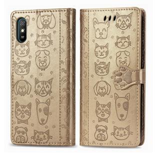 For Xiaomi Redmi 9A Cute Cat and Dog Embossed Horizontal Flip Leather Case with Holder & Card Slots & Wallet & Lanyard(Gold)