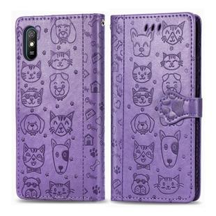 For Xiaomi Redmi 9A Cute Cat and Dog Embossed Horizontal Flip Leather Case with Holder & Card Slots & Wallet & Lanyard(Purple)