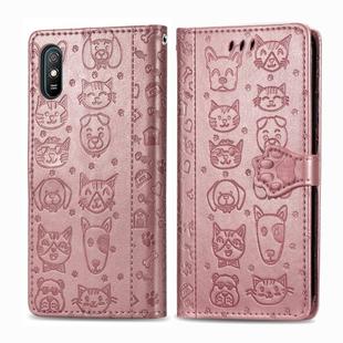 For Xiaomi Redmi 9A Cute Cat and Dog Embossed Horizontal Flip Leather Case with Holder & Card Slots & Wallet & Lanyard(Rose Gold)