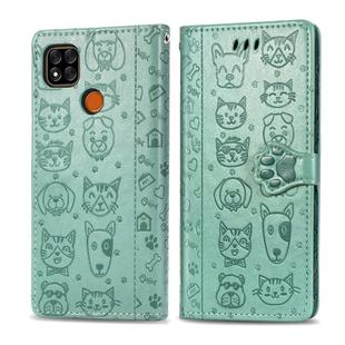 For Xiaomi Redmi 9C Cute Cat and Dog Embossed Horizontal Flip Leather Case with Holder & Card Slots & Wallet & Lanyard(Green)