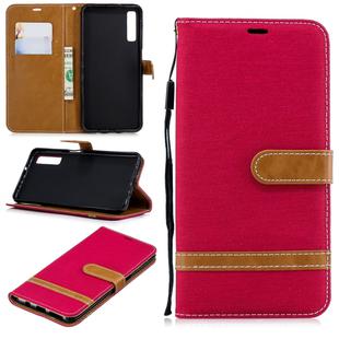 Color Matching Denim Texture Leather Case for Galaxy  A7 / A750 , with Holder & Card Slots & Wallet & Lanyard(Red)