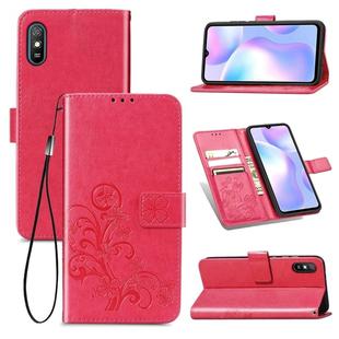 For Xiaomi Redmi 9A Four-leaf Clasp Embossed Buckle Horizontal Flip TPU + PU Leather Case with Lanyard & Card Slot & Wallet & Holder(Magenta)