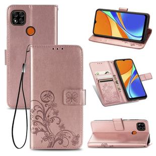 For Xiaomi Redmi 9C Four-leaf Clasp Embossed Buckle Horizontal Flip TPU + PU Leather Case with Lanyard & Card Slot & Wallet & Holder(Rose Gold)