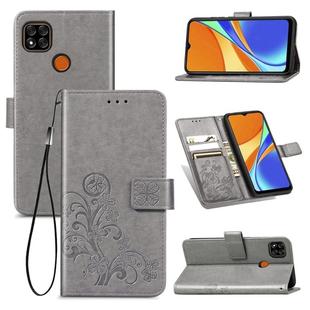 For Xiaomi Redmi 9C Four-leaf Clasp Embossed Buckle Horizontal Flip TPU + PU Leather Case with Lanyard & Card Slot & Wallet & Holder(Gray)