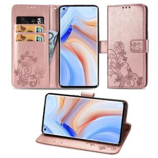 For OPPO Reno4 Pro Four-leaf Clasp Embossed Buckle Horizontal Flip TPU + PU Leather Case with Lanyard & Card Slot & Wallet & Holder(Rose Gold)