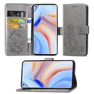 For OPPO Reno4 Pro Four-leaf Clasp Embossed Buckle Horizontal Flip TPU + PU Leather Case with Lanyard & Card Slot & Wallet & Holder(Gray)