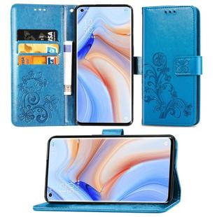 For OPPO Reno4 Pro Four-leaf Clasp Embossed Buckle Horizontal Flip TPU + PU Leather Case with Lanyard & Card Slot & Wallet & Holder(Blue)