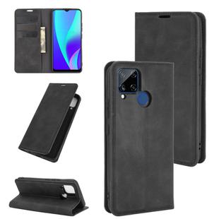 For Realme C15 Retro-skin Business Magnetic Suction Leather Case with Holder & Card Slots & Wallet(Black)