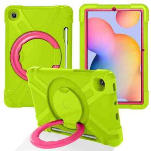 For Samsung Galaxy Tab S6 Lite P610 PC + Silicone Shockproof Combination Case with 360 Degree Rotating Holder & Handle & Pen Slot(Glass Green + Rose Red)