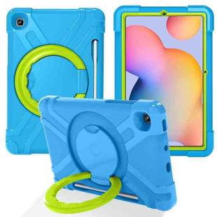 For Samsung Galaxy Tab S6 Lite P610 PC + Silicone Shockproof Combination Case with 360 Degree Rotating Holder & Handle & Pen Slot(Blue + Grass Green)