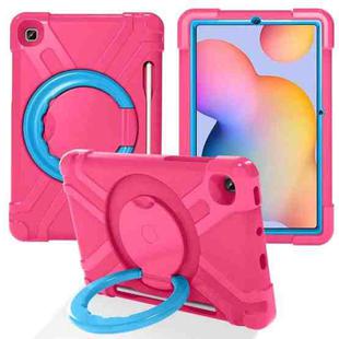 For Samsung Galaxy Tab S6 Lite P610 PC + Silicone Shockproof Combination Case with 360 Degree Rotating Holder & Handle & Pen Slot(Rose Red + Blue)