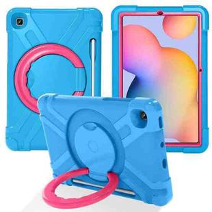 For Samsung Galaxy Tab S6 Lite P610 PC + Silicone Shockproof Combination Case with 360 Degree Rotating Holder & Handle & Pen Slot(Blue + Rose Red)