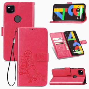 For Google Pixel 4A Four-leaf Clasp Embossed Buckle Mobile Phone Protection Leather Case with Lanyard & Card Slot & Wallet & Bracket Function(Magenta)