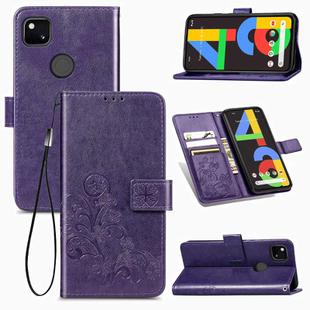 For Google Pixel 4A Four-leaf Clasp Embossed Buckle Mobile Phone Protection Leather Case with Lanyard & Card Slot & Wallet & Bracket Function(Purple)